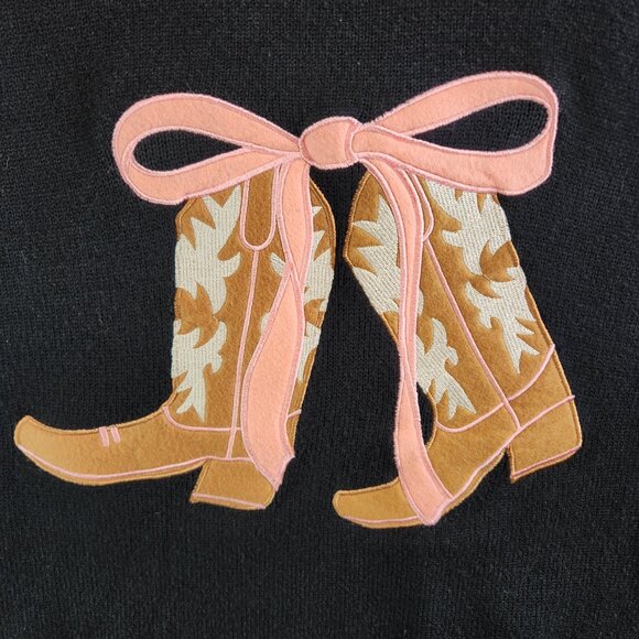 Threaded Leaf Sweater L Black Cowgirl Boots Big Pink Bow Western Rodeo Party - Picture 3 of 15